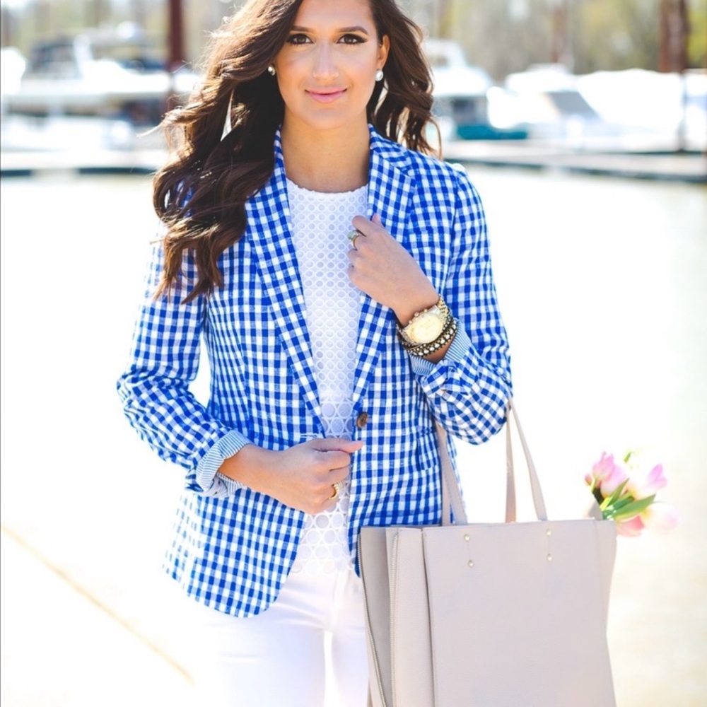 J. Crew Linen Gingham Blazer Blue White Check Petite 8P Preppy Chic! New w/o tag